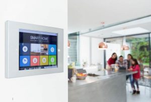 smarthome tablet and out of focus kitchen